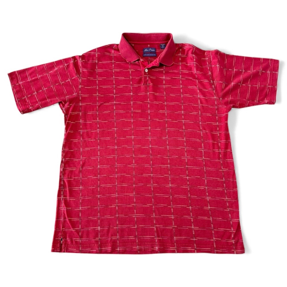 Alan Flusser Men's Large Red Plaid Double Mercerized Cotton Polo Shirt Classic